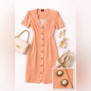 Vintage Peach Lace Dress • Pearl Buttons Romantic Coquette Style